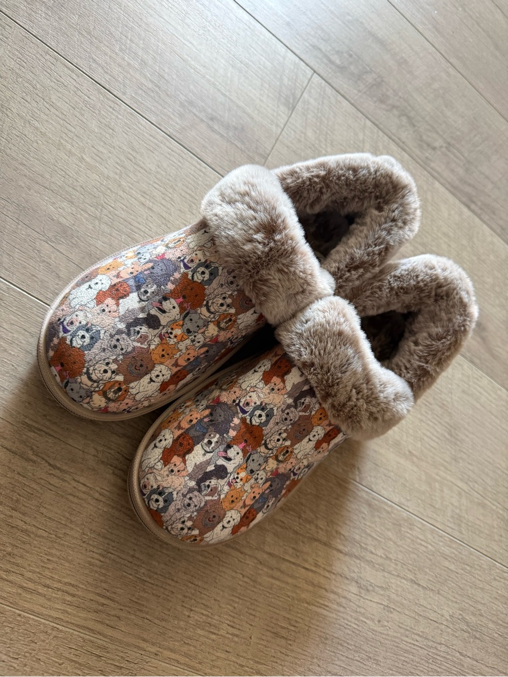 Cozy Faux-Fur Lined Women's Slippers in Puppy Print